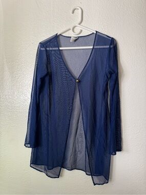 Searle Navy Sheer Mesh Swim Cover-Up Cardigan with Gold Button